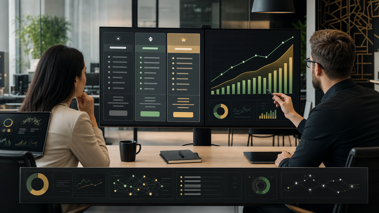 Agency team reviewing AI SEO platform pricing tiers and ROI metrics on a dashboard screen