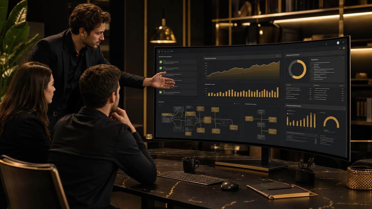 Agency SEO team reviewing an AI-powered SEO workflow dashboard showing automated audits, keyword rankings, and client reporting panels