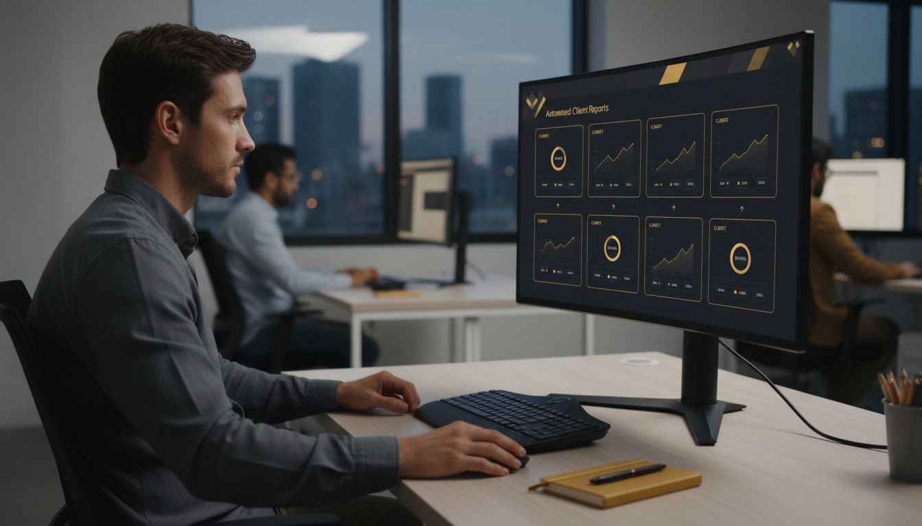 Agency SEO analyst reviewing automated multi-client reporting dashboard on a widescreen monitor with gold and black UI accents
