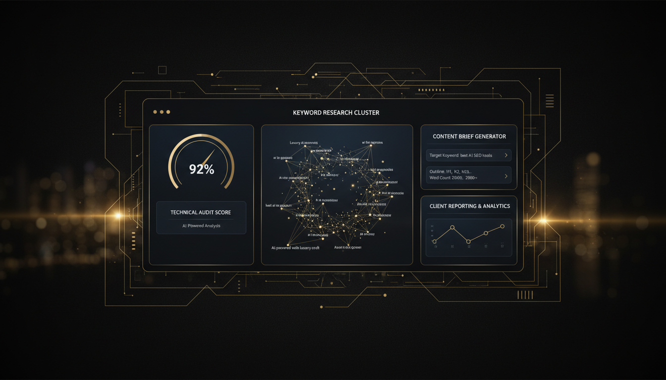 Dashboard view of AI SEO tools for agencies showing audit scores, keyword rankings, and client reporting modules