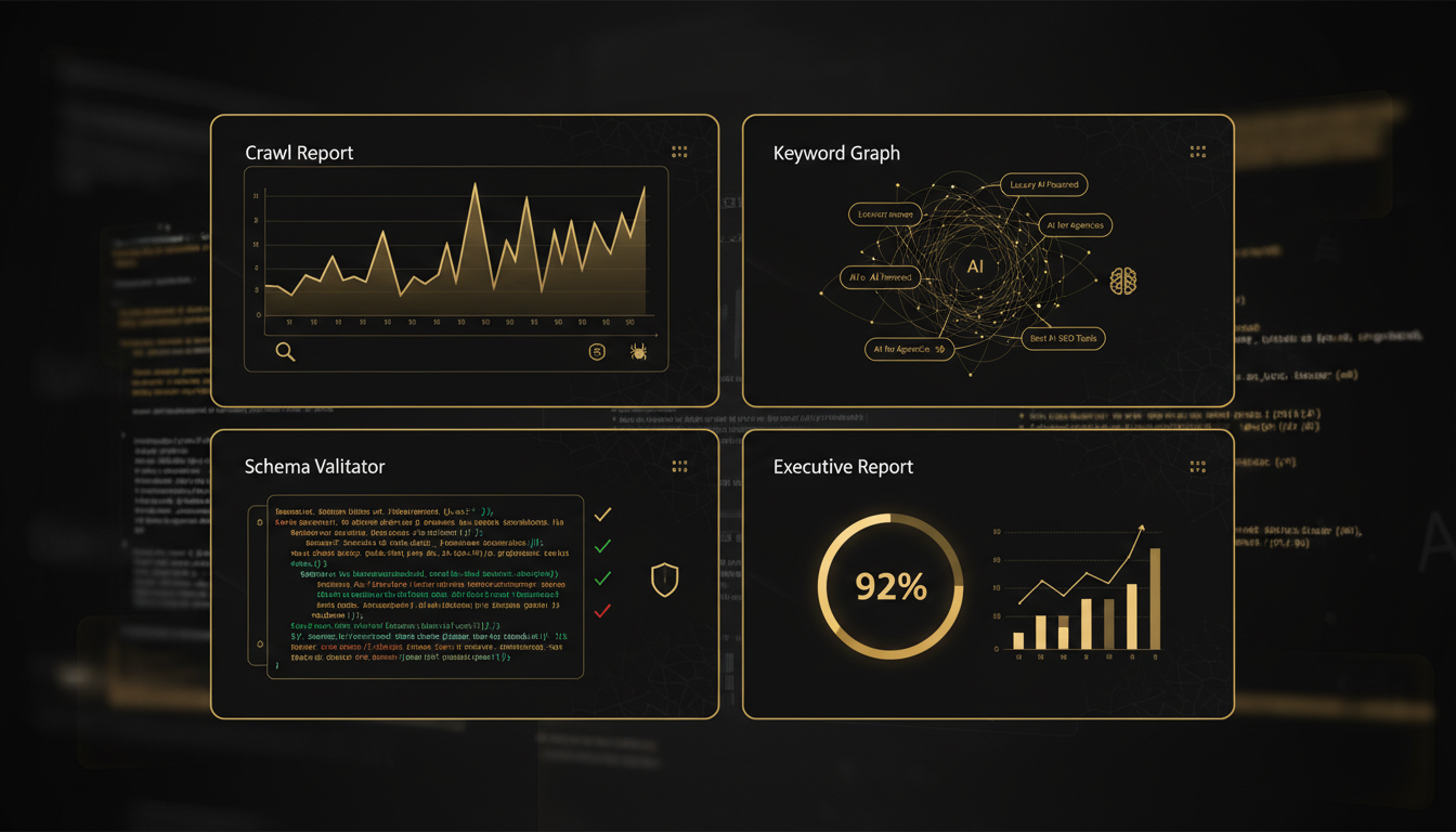 Side-by-side comparison dashboard of the best SEO audit tools for agencies in 2026, showing AI features, technical audit depth, and reporting capabilities