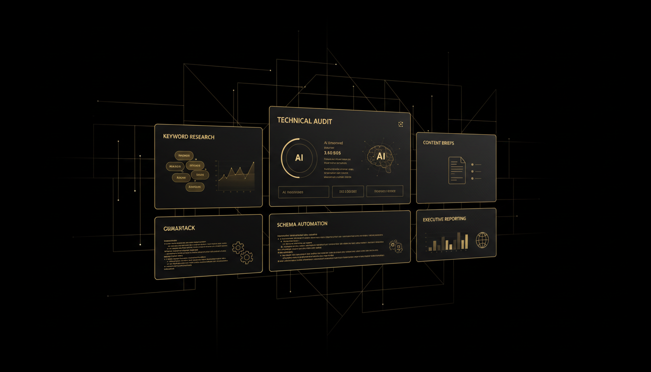 Agency SEO platform dashboard showing AI-powered audit, keyword research, and multi-client reporting modules in 2026