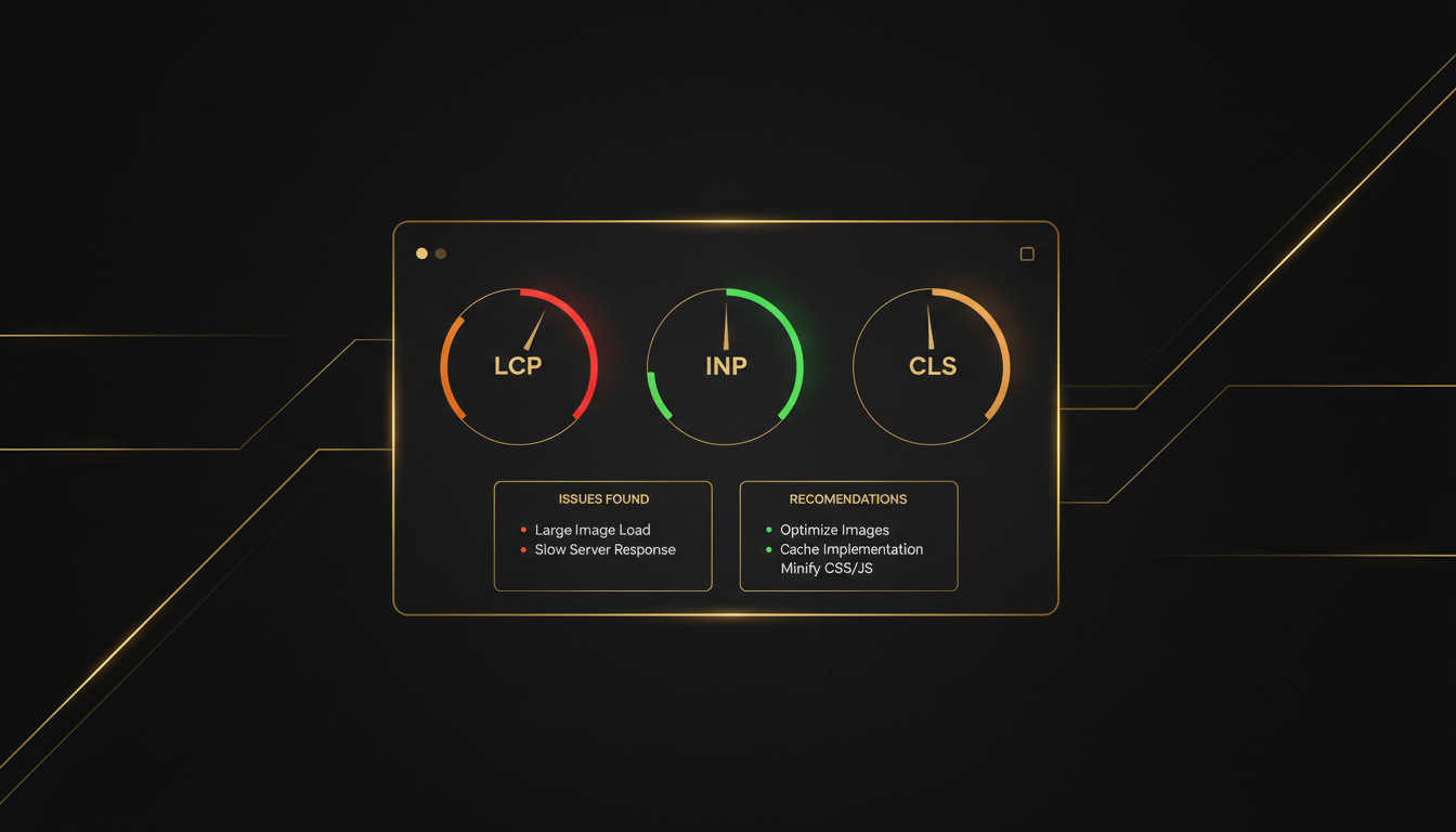 Dashboard showing Core Web Vitals scores for LCP, INP, and CLS with audit findings and fix recommendations