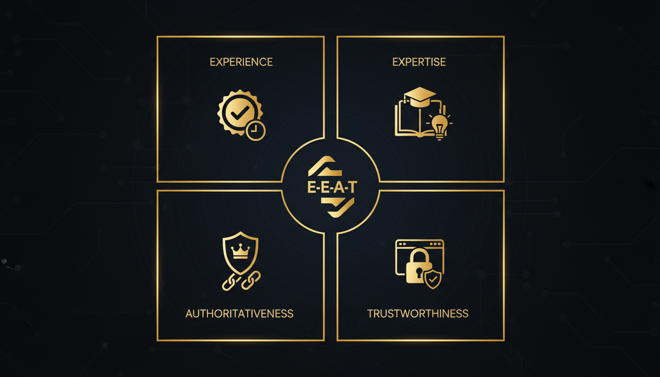 Diagram showing the four E-E-A-T pillars—Experience, Expertise, Authoritativeness, and Trustworthiness—mapped to actionable SEO signals for agencies