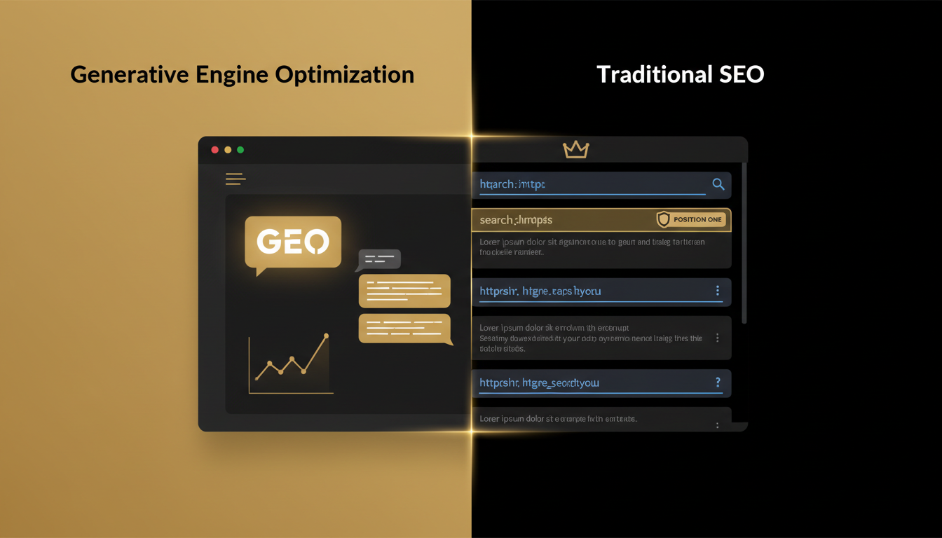 Split-screen diagram comparing generative engine optimization signals on the left with traditional SEO ranking signals on the right against a dark gold and