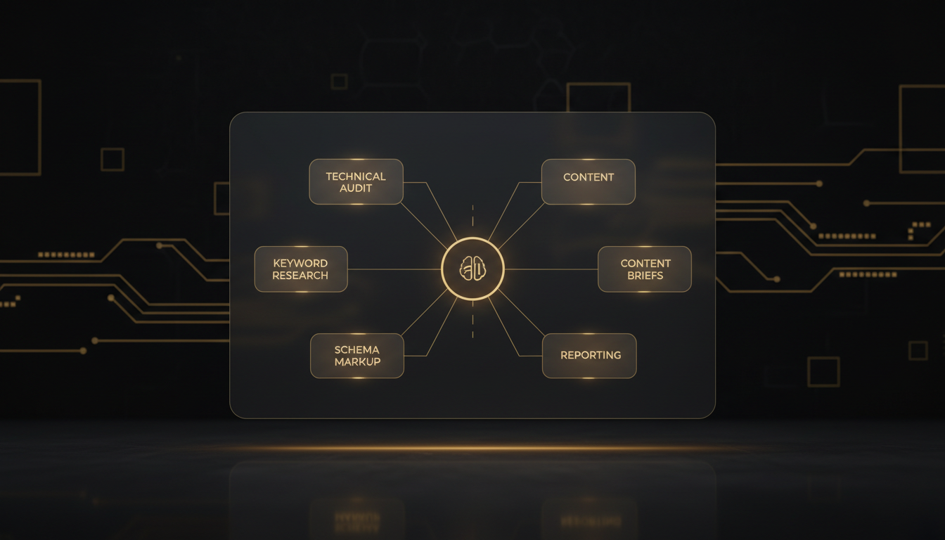 AI-powered SEO workflow automation dashboard showing audit, keyword research, content briefs, schema, and reporting modules