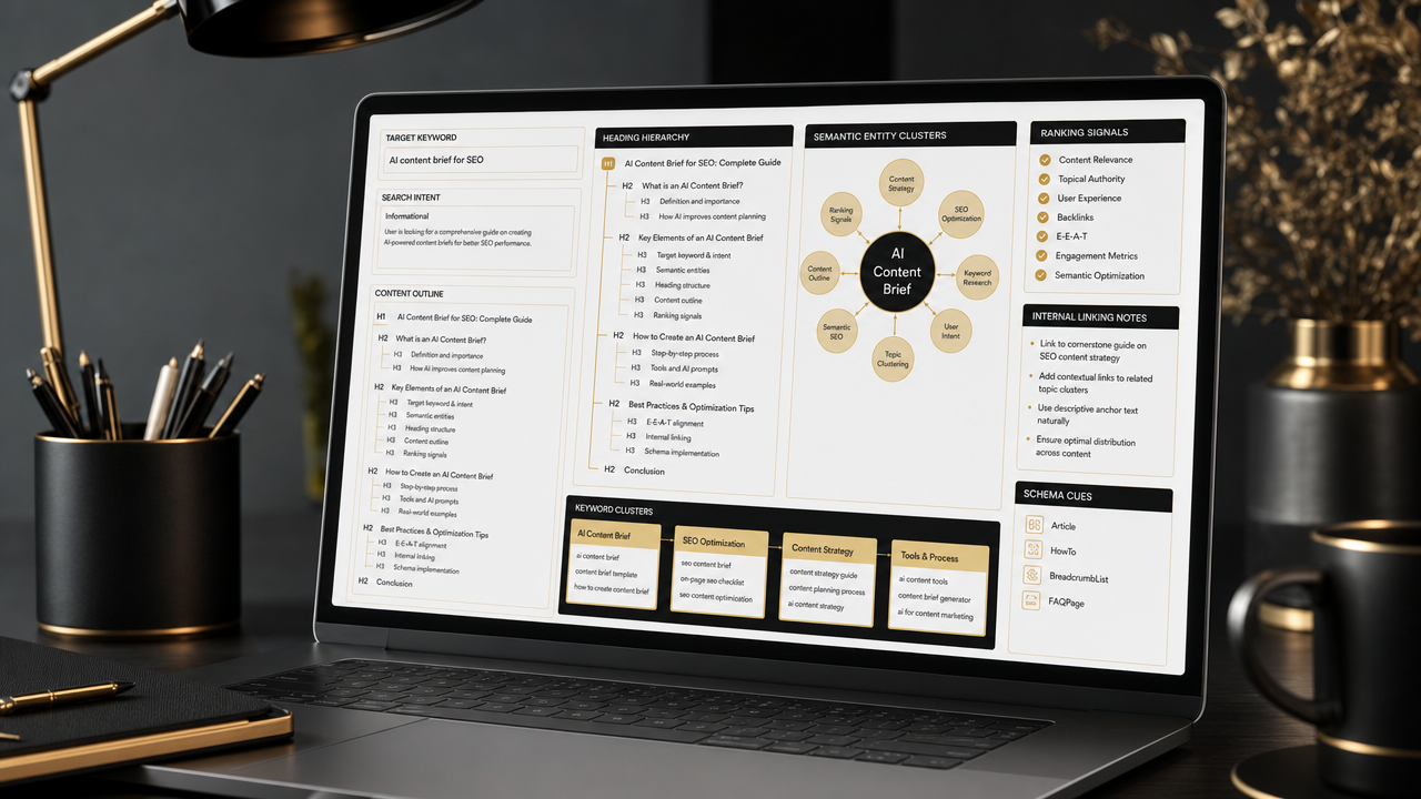 A structured AI-powered content brief displayed on a laptop screen with semantic keyword clusters, heading hierarchy, and ranking signals highlighted in a