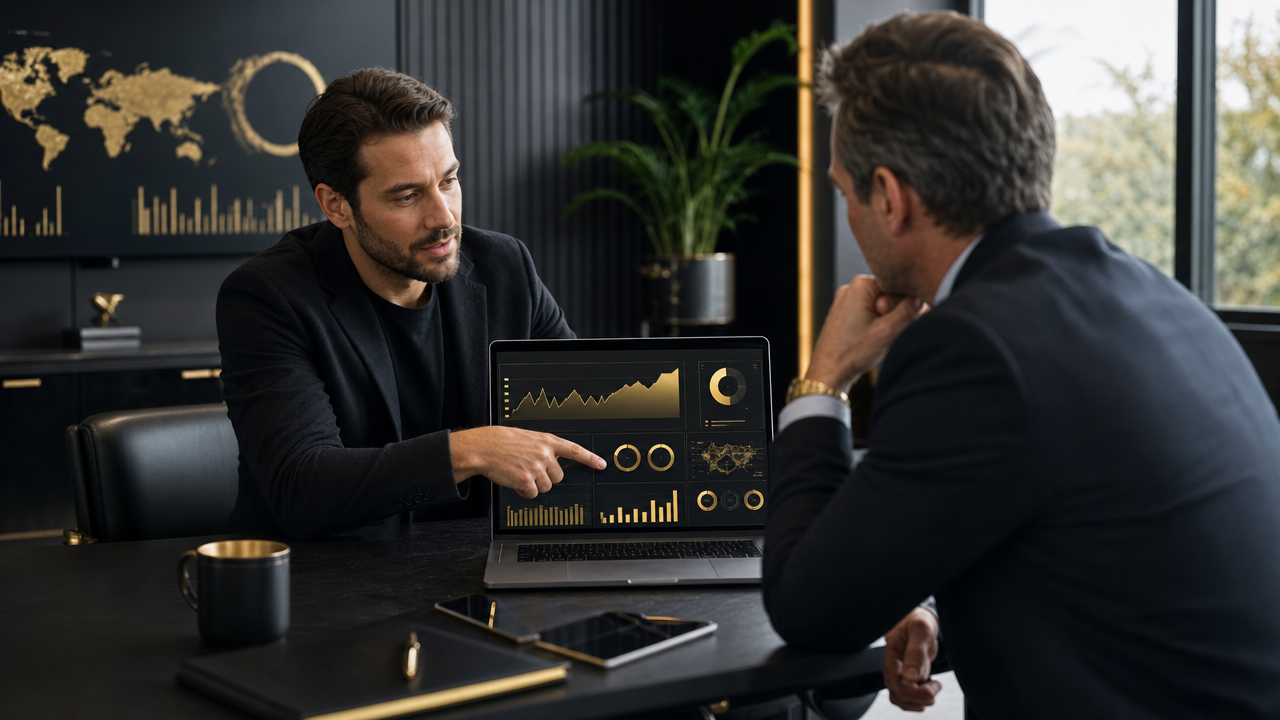 An SEO agency professional presenting a clean executive SEO report dashboard on a laptop to a client in a modern office setting