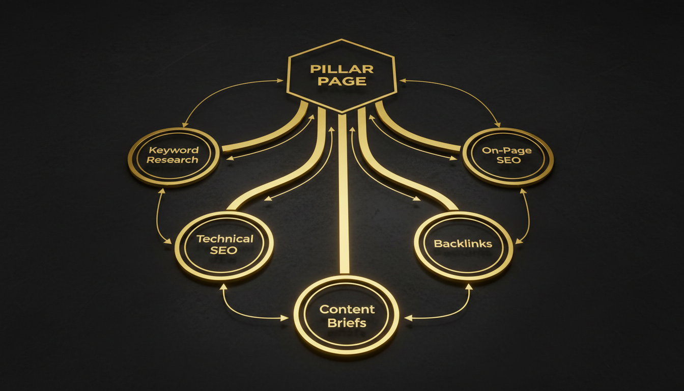 Diagram of an SEO silo structure showing a pillar page connected to cluster content pages with internal links, illustrating topical authority and crawl