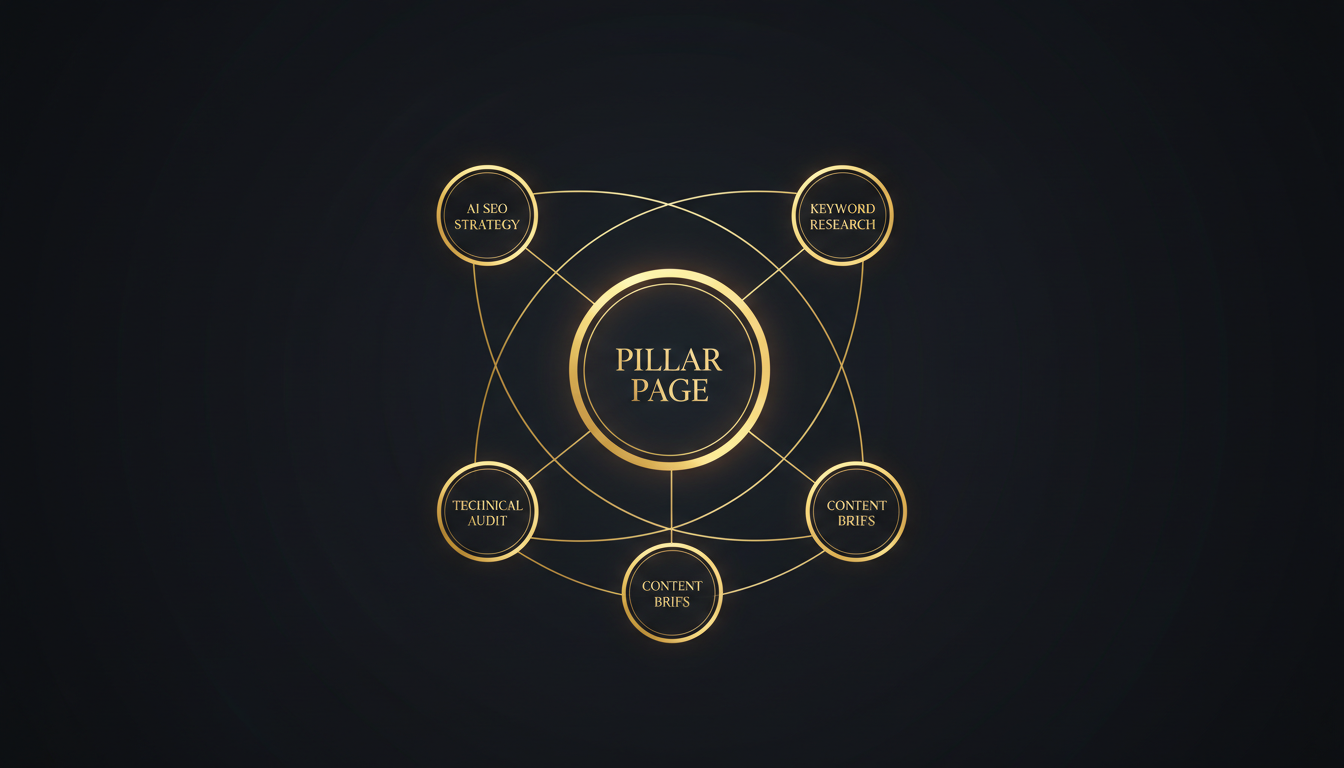A visual topical authority map showing a pillar page at the center connected to supporting cluster content pages across an SEO topic