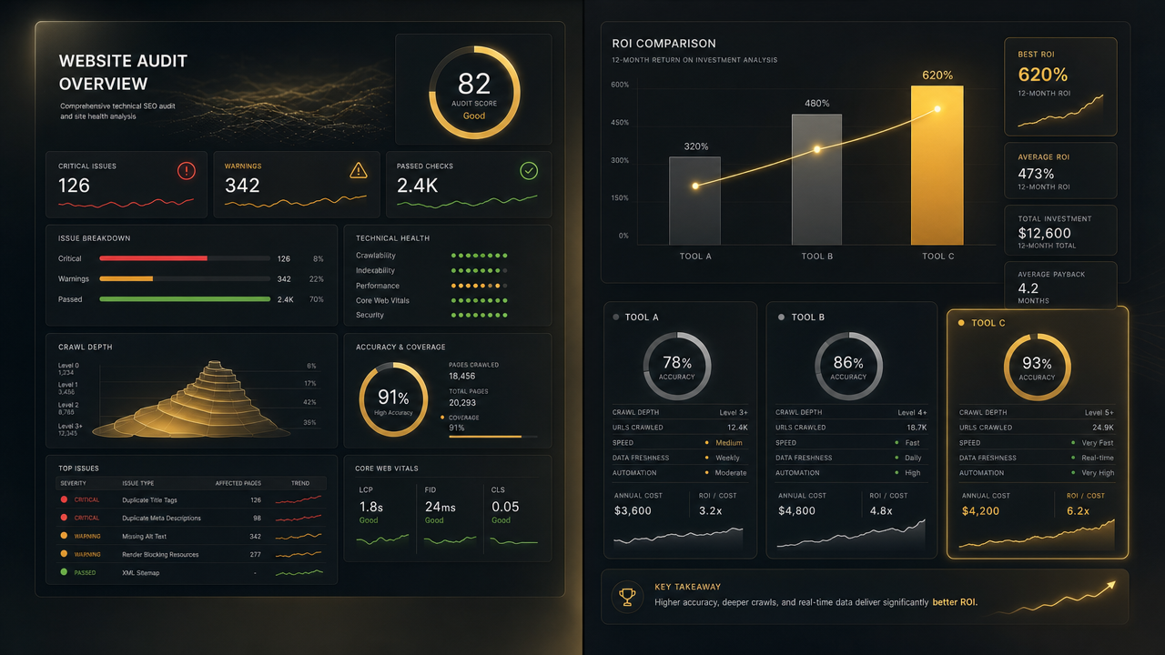 Side-by-side comparison dashboard of SEO audit tool features including crawl depth, accuracy scores, and ROI metrics