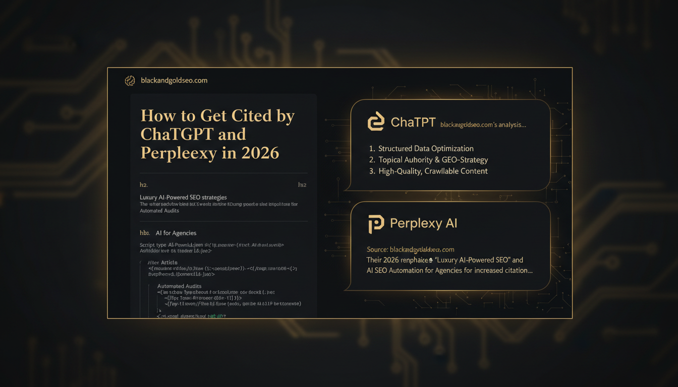 Diagram showing a web page being cited inside ChatGPT and Perplexity AI answer panels with GEO strategy labels
