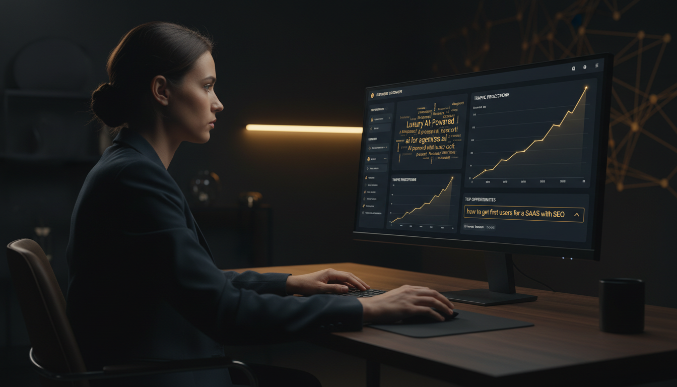 SaaS founder reviewing an SEO keyword research dashboard to acquire the first 100 organic users