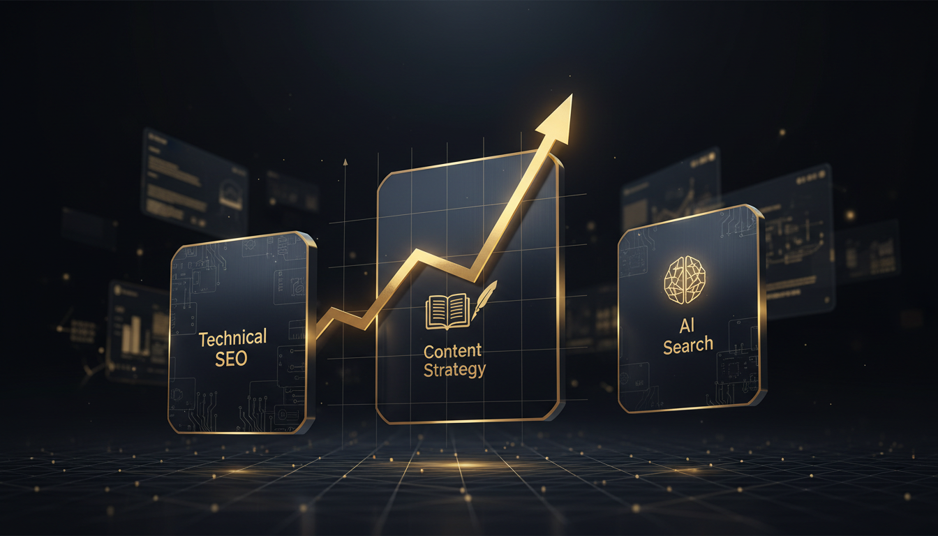 SaaS organic traffic growth playbook showing a rising search traffic chart alongside SEO strategy pillars including technical audit, content, and AI search
