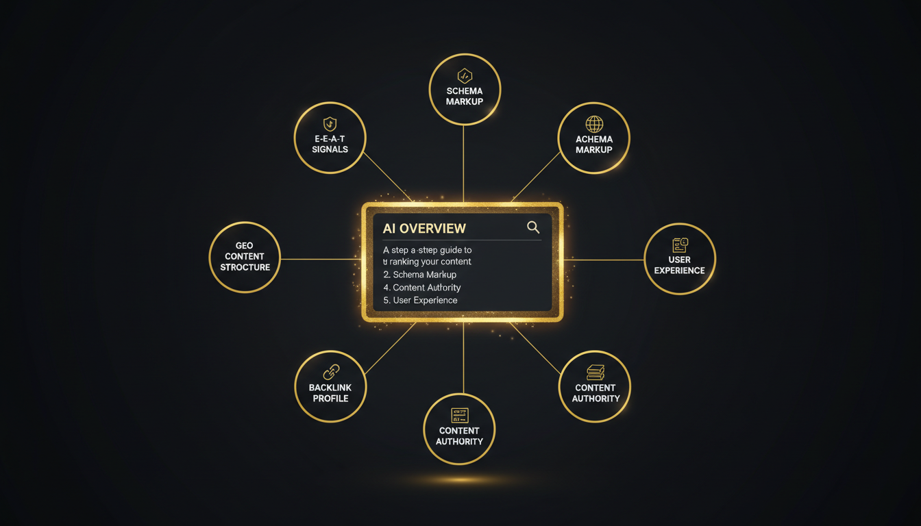 Step-by-step diagram showing how to rank in Google AI Overviews in 2026, including E-E-A-T signals, schema markup, and GEO content structure