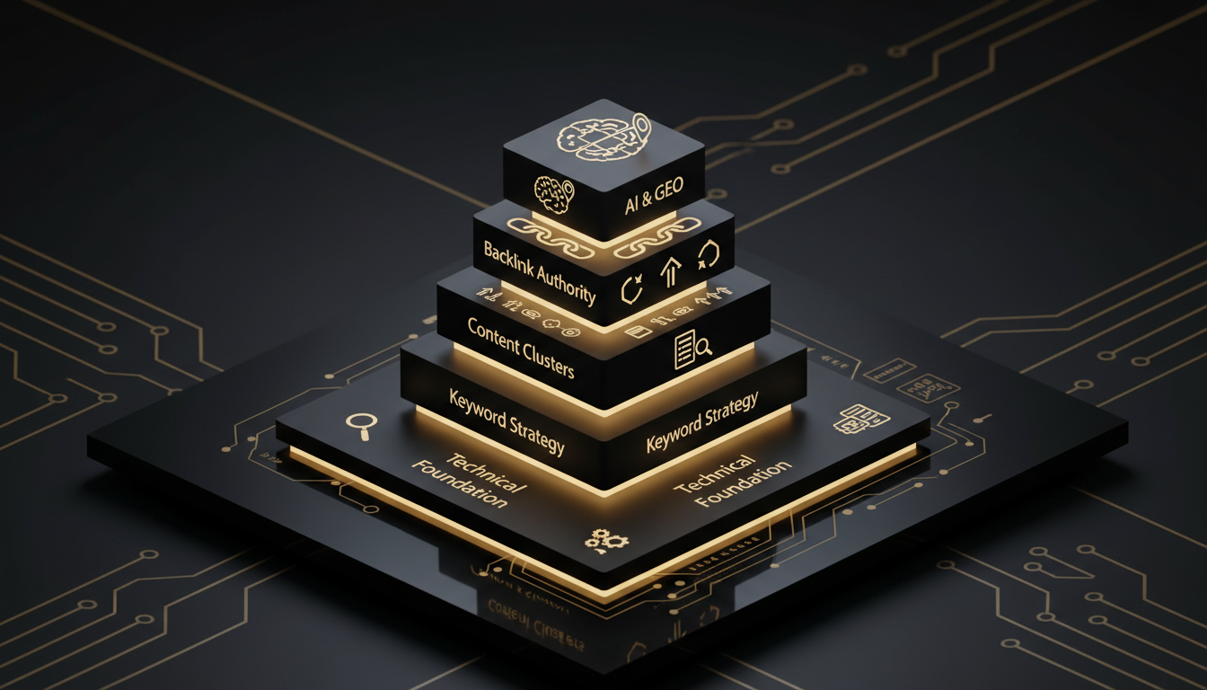 SaaS SEO playbook diagram showing technical audit, keyword research, content clusters, backlinks, and AI optimization layers on a dark gold-accented dashboard