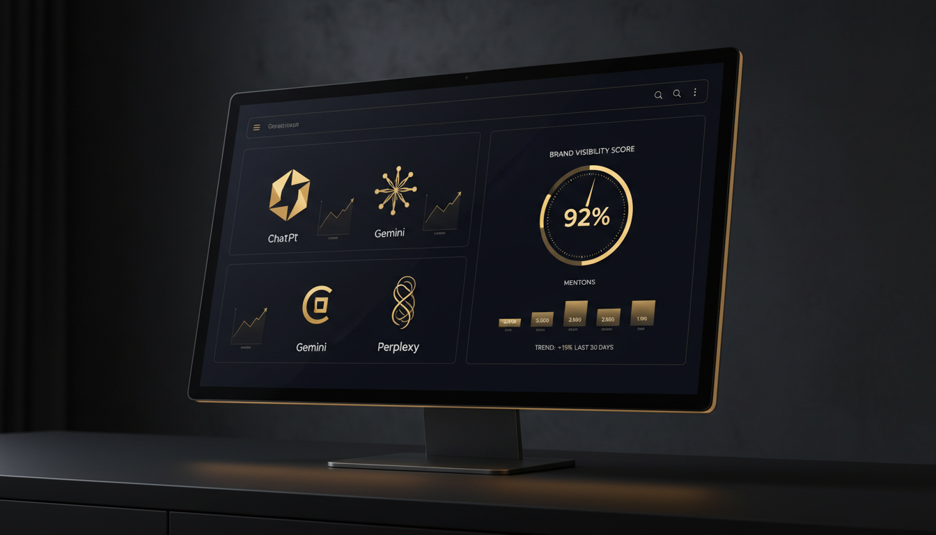 Dashboard showing brand mention tracking across ChatGPT, Gemini, and Perplexity AI search results