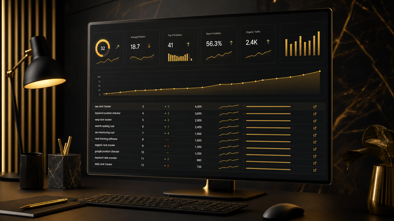 SEO dashboard showing keyword ranking positions, trend graphs, and reporting metrics for multiple search terms