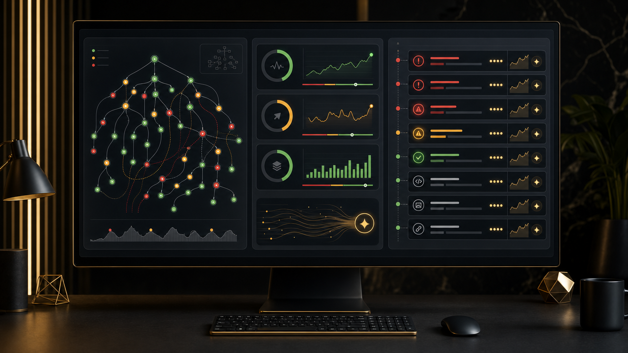 AI-powered technical SEO audit dashboard showing crawl issues, Core Web Vitals scores, and prioritized fix queue for agency clients