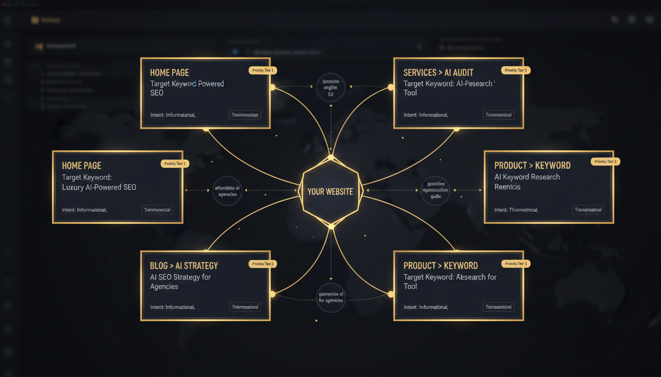 A structured keyword map diagram showing keywords assigned to individual website pages with intent labels and priority tiers