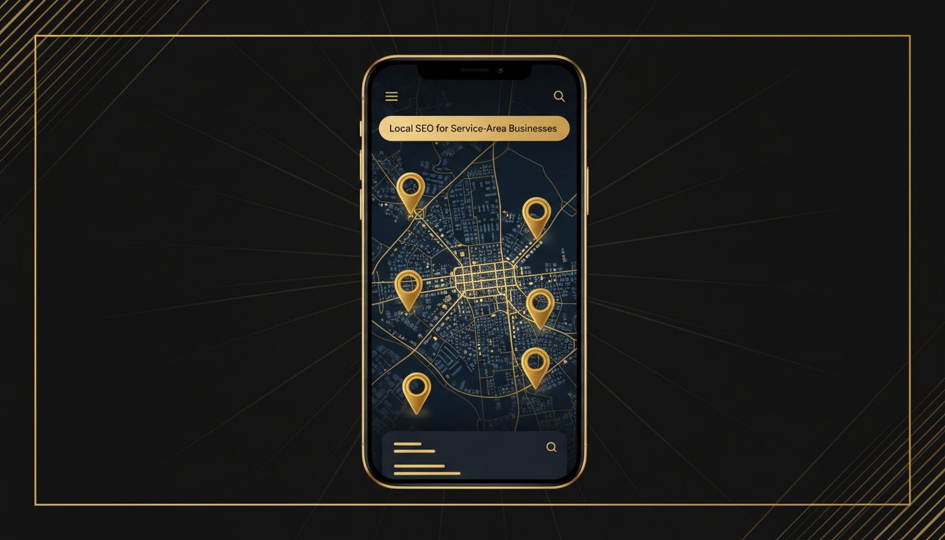 A mobile phone showing a Google Maps local search result for a service-area business with no physical storefront, surrounded by location pins across a city map
