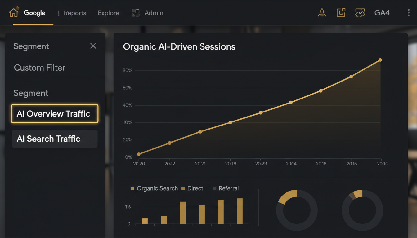 GA4 dashboard showing AI Overview and AI search traffic segments with organic channel breakdown