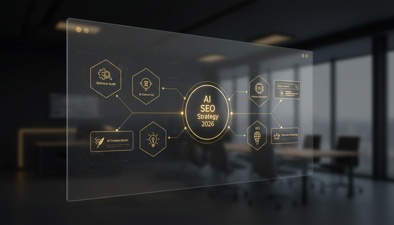 Illustrated dashboard showing a SaaS SEO strategy workflow with AI-powered audit, content briefs, schema automation, and GEO panels in 2026