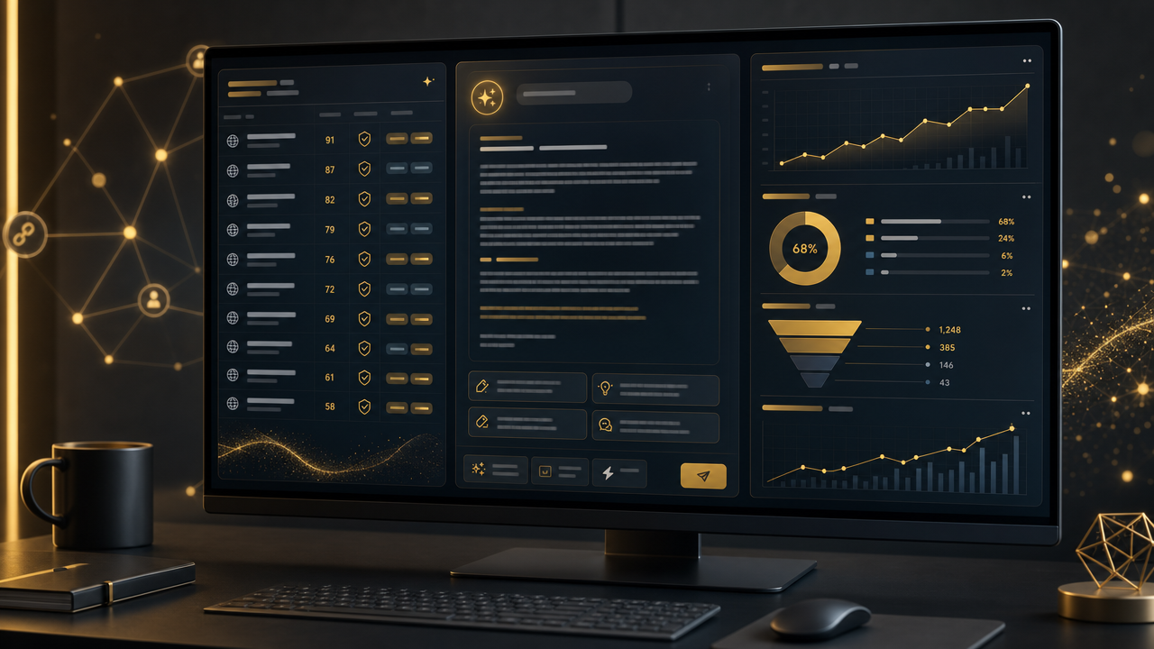 AI-powered backlink outreach dashboard showing prospect scoring, personalized email drafts, and link-building report for an SEO agency