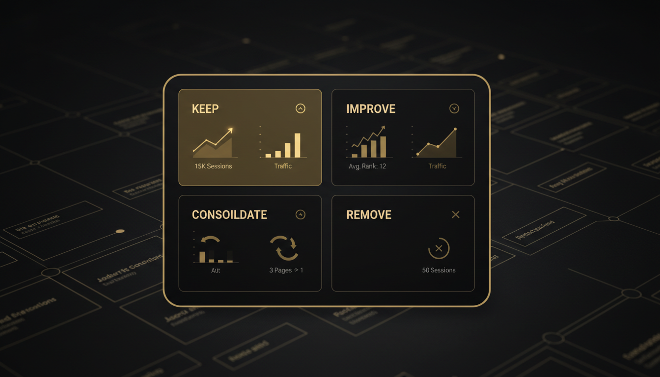 SEO content audit dashboard showing pages categorized as Keep, Improve, Consolidate, or Remove with traffic and ranking data