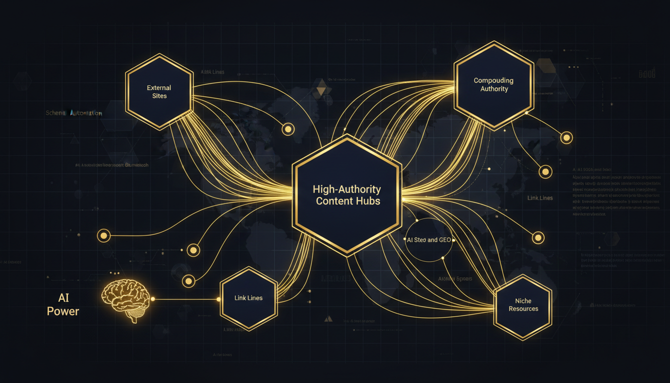 A visual flowchart showing a scalable SEO link building strategy with AI-assisted outreach, content hubs, and authority signals converging into organic growth