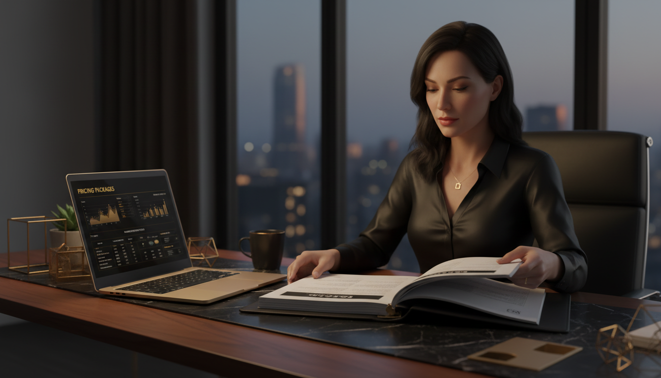 Agency owner reviewing an SEO pricing strategy document with margin calculations and client proposal on a desk