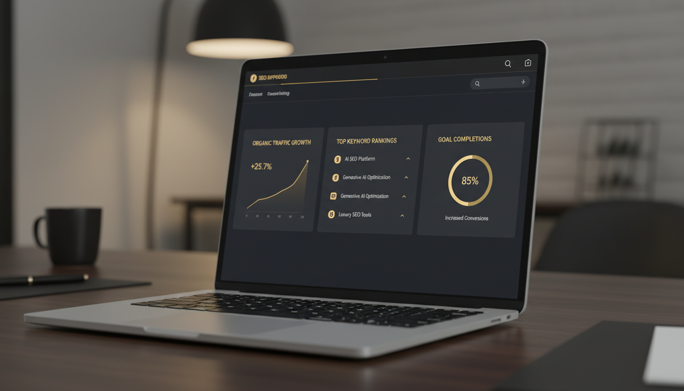 Clean SEO reporting dashboard displayed on a laptop screen showing organic traffic, keyword rankings, and conversion metrics in a client-friendly layout