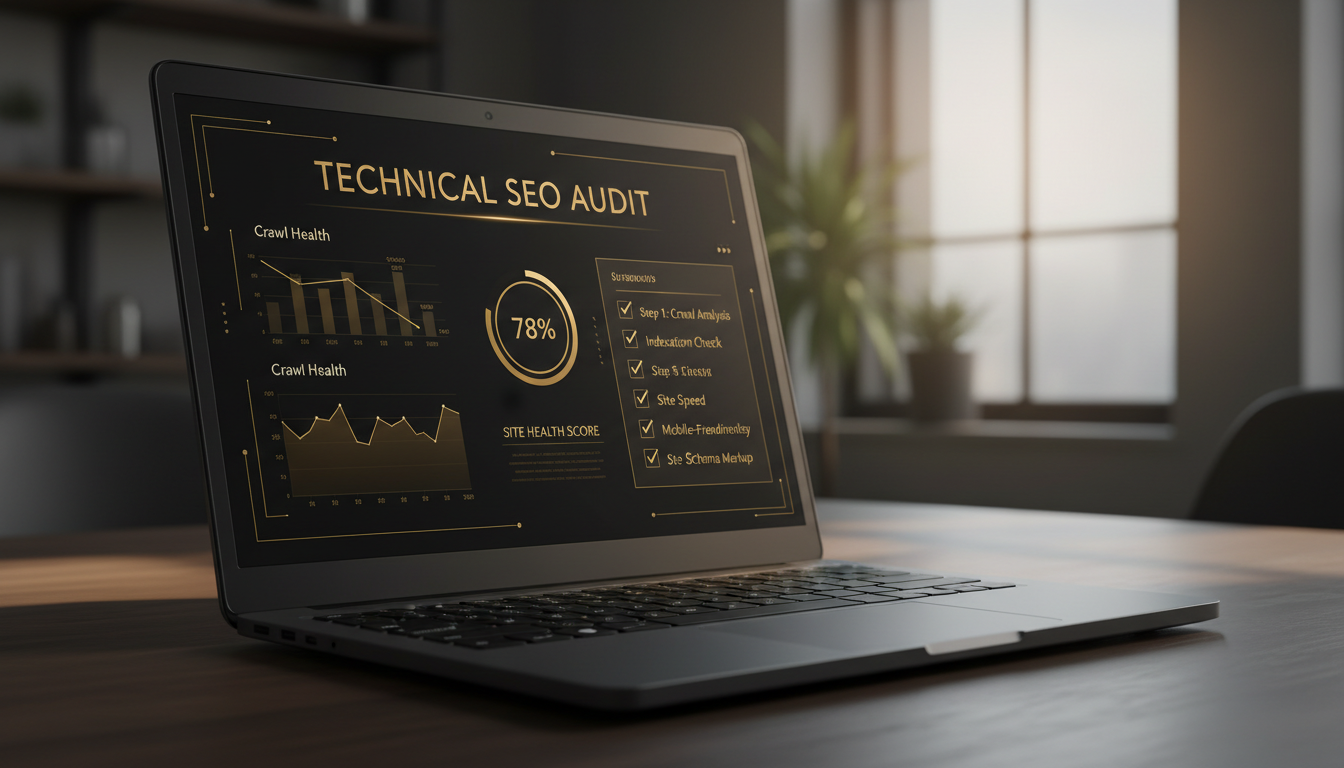 Step-by-step technical SEO audit checklist displayed on a laptop screen with crawl error graphs and a site health score dashboard
