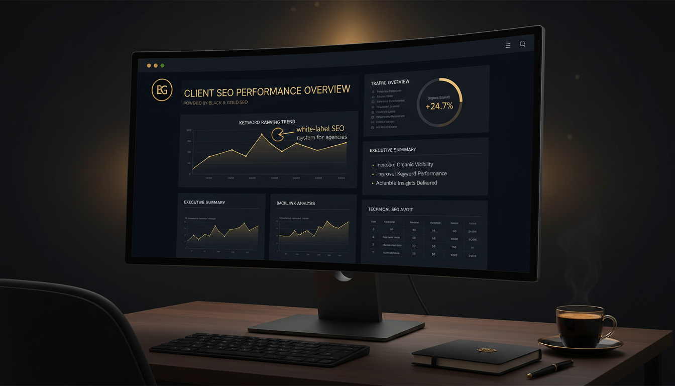 Agency dashboard showing a branded white-label SEO report with keyword rankings, traffic graphs, and executive summary panels